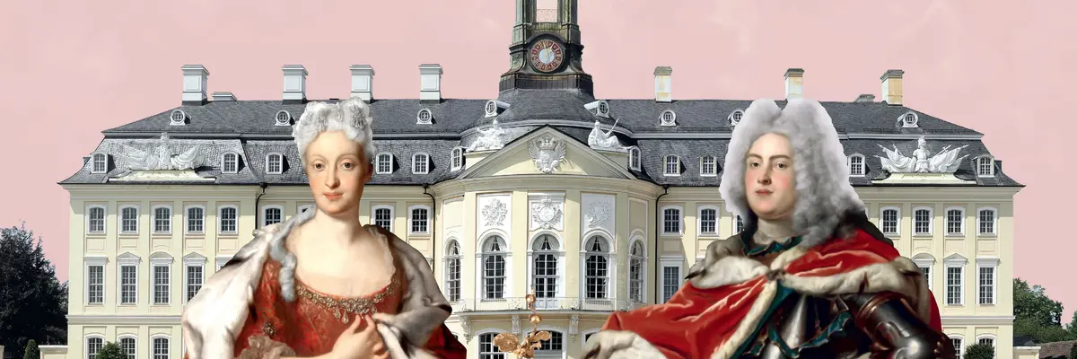 Ausstellungsplakat mit Schloss Hubertusburg, Maria Josepha und Friedrich August