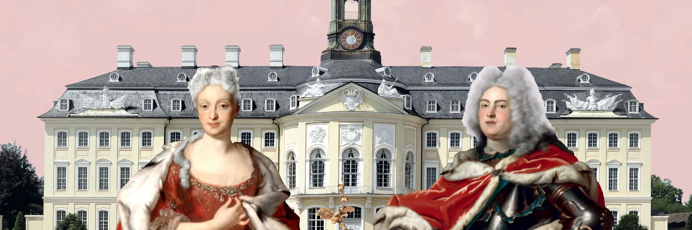 Ausstellungsplakat mit Schloss Hubertusburg, Maria Josepha und Friedrich August
