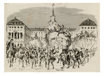 Holzstich, der die Plünderung des Schlosses Hubertusburg zeigt