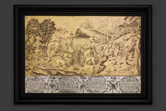 Gravierte Kupfertafel mit Johann Georg I. auf der Bärenjagd, Deutsch, um 1630