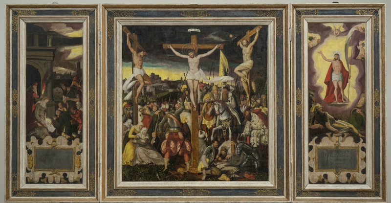 dreiteiliges Altargemälde mit der Kreuzigung Christi