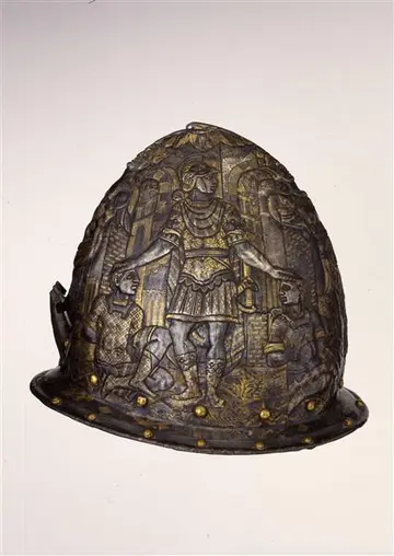 ein Helm, darauf ein Soldat, der seine Hände auf die Köpfe zwei hockender Personen hält