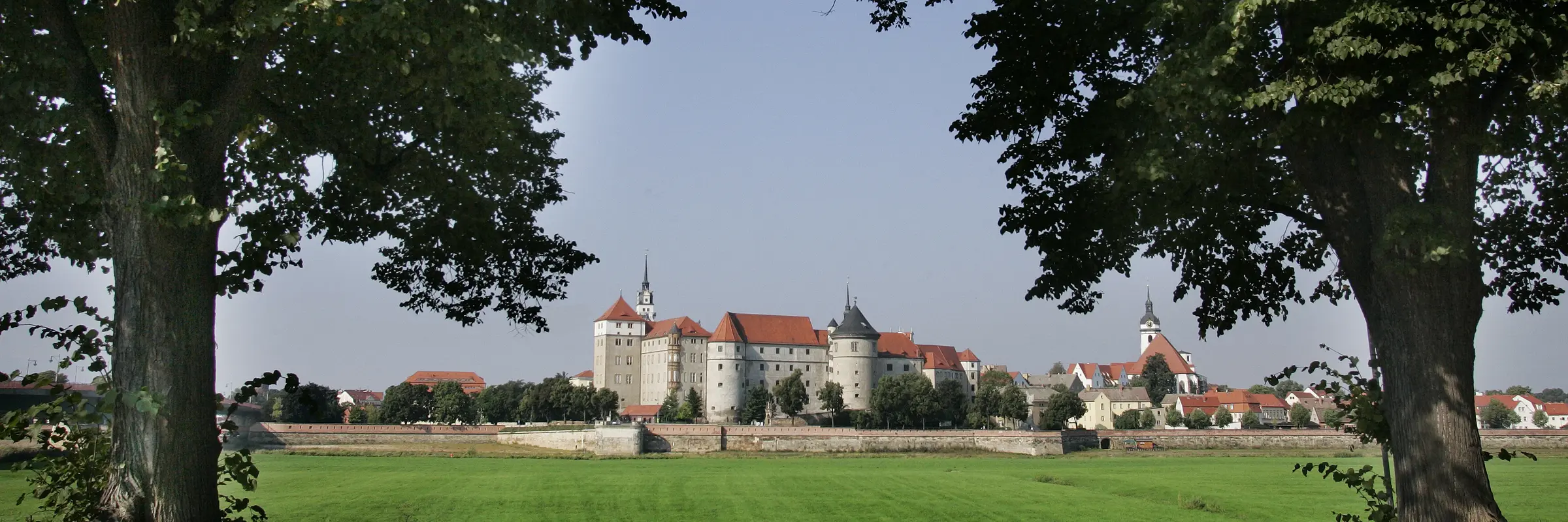 Blick zwischen zwei Bäume über eine Wiese auf Schloss Hartenfels