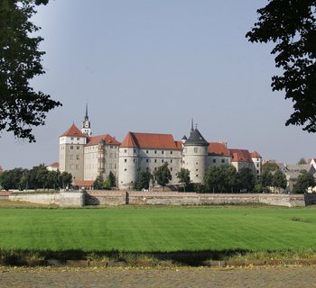 Blick zwischen zwei Bäume über eine Wiese auf Schloss Hartenfels