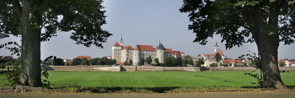 Blick zwischen zwei Bäume über eine Wiese auf Schloss Hartenfels