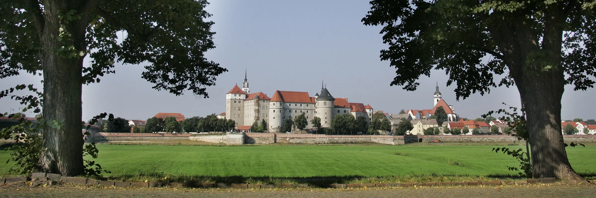 Blick zwischen zwei Bäume über eine Wiese auf Schloss Hartenfels