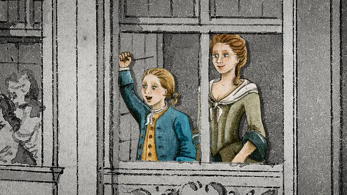 Illustration einer Frau und eines Jungen am Fenster